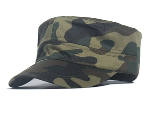 Detail view of the woodland camouflage pattern on a durable flat top army cadet cap