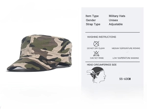 Detail of adjustable strap and jungle camouflage canvas texture on the military flat cap