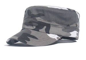 Close-up of grey camouflage flat top military cap showing cotton canvas texture