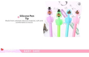 Detail of colorful silicone puppy toppers on creative cartoon pens in four soft colors