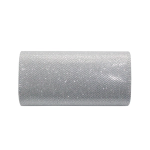 Detail of silver glitter evening clutch bag with sparkling rectangular hard shell texture