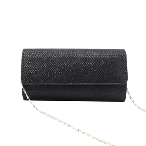 Elegant black glitter evening clutch bag with rectangular flap and thin silver chain strap