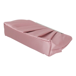 Detail view of pink satin evening clutch featuring elegant pleated texture and metal frame
