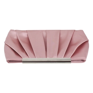 Macro detail of the pleated pink satin evening clutch with elegant silver metal trim