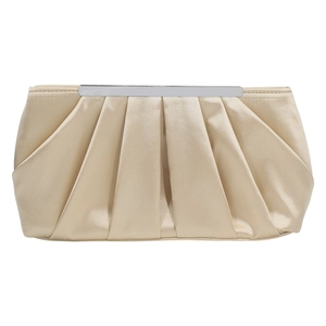 Elegant pleated champagne satin clutch evening bag with silver metal clasp on white background