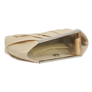 Interior view of pleated beige satin evening clutch with metal frame and inner lining