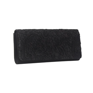 Pochette de soirée élégante en dentelle noire avec motifs floraux sur surface satinée