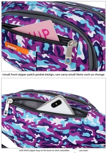 Detail view of purple camouflage waist bag with multi-zip pockets and back anti-theft pouch