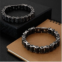 Close-up of silver and dark grey motorcycle chain style titanium steel bracelets