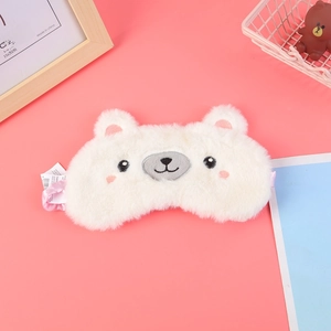 Cute white plush bear sleep mask with embroidery and pink silk elastic strap