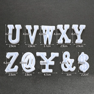 Macro view showing dimensions of U-Z alphabet silicone resin molds for DIY keychains