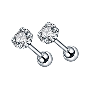 Macro view of silver stainless steel screw-back studs with four-prong round zircon setting