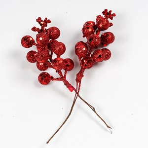 Sparkly red glitter Christmas berry stems for DIY holiday wreaths and home decor