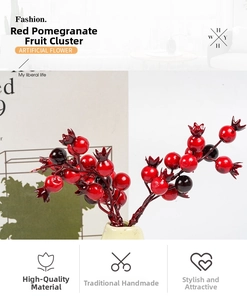 Close-up of artificial red pomegranate berry stems for DIY Christmas wreaths