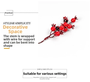 Detail of red artificial berry stems with flexible iron wire for DIY floral decoration