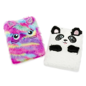 Detail of plush cat and panda notebooks featuring embroidery and rainbow faux fur texture