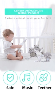 Baby plush animal hanging toys with teether and music feature for crib and stroller