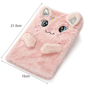 Pink plush cat notebook with embroidery showing 21.5cm x 15cm size dimensions