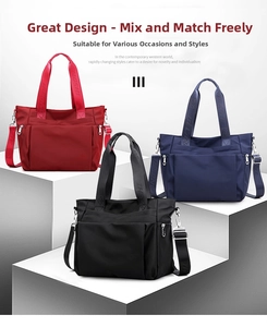 Detailed view of red, navy, and black nylon tote bags with wide woven shoulder straps