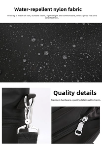 Water-repellent black nylon fabric detail with silver metal hooks and zippers