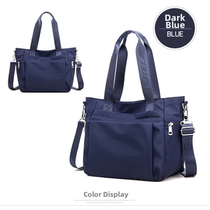 Deep blue nylon tote bag detail featuring wide branded straps and waterproof fabric