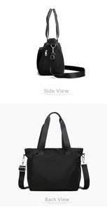 Detailed side and back views of black nylon crossbody bag with wide adjustable strap