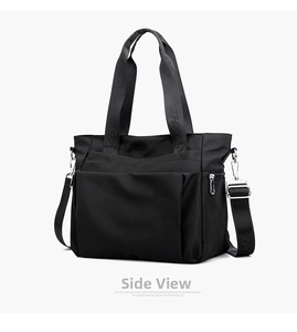 Detail view of black nylon tote bag showing metallic zipper and side pocket texture