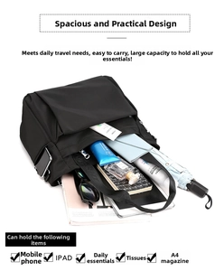 Flat lay of nylon shoulder bag showing spacious interior for iPad, magazines and daily items