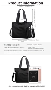 Detailed size guide for large nylon tote bag with 41cm width and storage capacity info