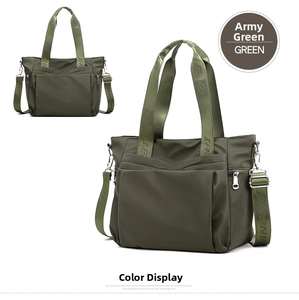 Detail view of army green nylon shoulder bag with wide letter-printed webbing straps