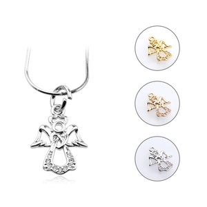 Collier avec pendentif d'ange serti de zircons, finitions argent, or et or rose poli