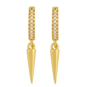 Gold huggie hoop earrings with pave cubic zirconia and dangling spike cone pendant
