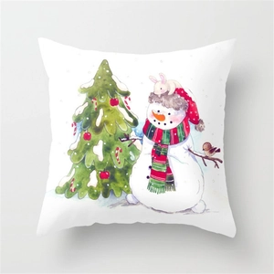 Christmas polyester pillowcase with watercolor snowman and tree illustration on white background