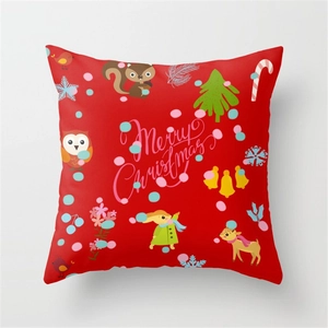 Red Christmas polyester pillow cover featuring festive animals and Merry Christmas text