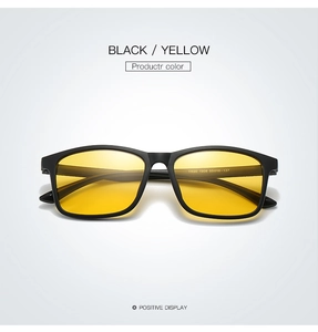 Front view of black TR90 sports sunglasses with yellow night vision polarized lenses