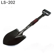 Close-up of portable garden shovel with black metal head and red anti-slip grip