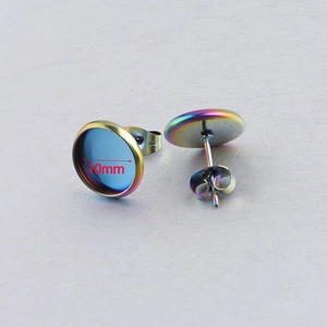 Detail of 10mm rainbow plated stainless steel DIY stud earring blanks with butterfly backs