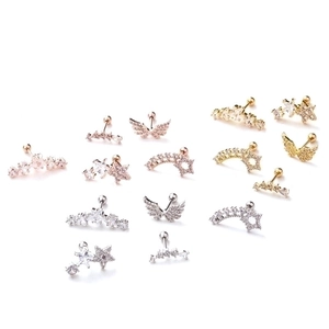 Star and wing stainless steel piercing stud earrings with zircon in assorted metal colors