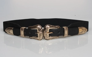 Women black elastic waist belt with gold western carved buckle and vintage metal details