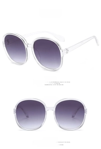 Detailed view of oversized round transparent sunglasses with gradient grey resin lenses