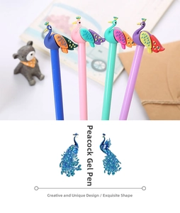 Detail of creative peacock-shaped gel pens in four colors for school and office supplies