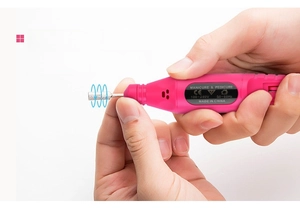 Macro shot of hands using pink electric nail drill with adjustable 20000 RPM speed
