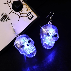 Close-up of blue LED glowing skull earrings with transparent finish for Halloween parties