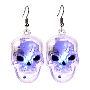 Detailed view of LED glowing transparent skull earrings for Halloween party night