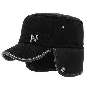 Black winter aviator hat for elderly men with earflaps and metal N logo decoration