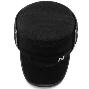 Black plush cadet cap for men with leather trim and ear protection for winter