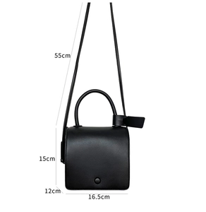 Detailed technical diagram showing dimensions of the black minimalist crossbody bag