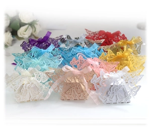 Laser cut butterfly candy boxes with satin ribbons for weddings in multiple colors