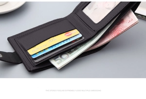 Detailed interior of a black leather bifold wallet with card slots and a photo holder