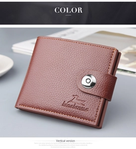 Detailed view of brown lychee grain leather wallet with orange stitching and metal snap buckle